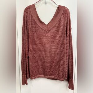 We The Free Southside Double V-Neck Thermal Knit Sweater Cinnamon Rust Color